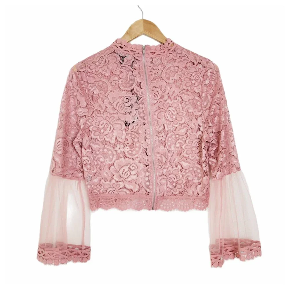 Love University Crop Top Blush Rose Sheer Lace Bell Sleeve Mock Neck Zip Back - Picture 6 of 12